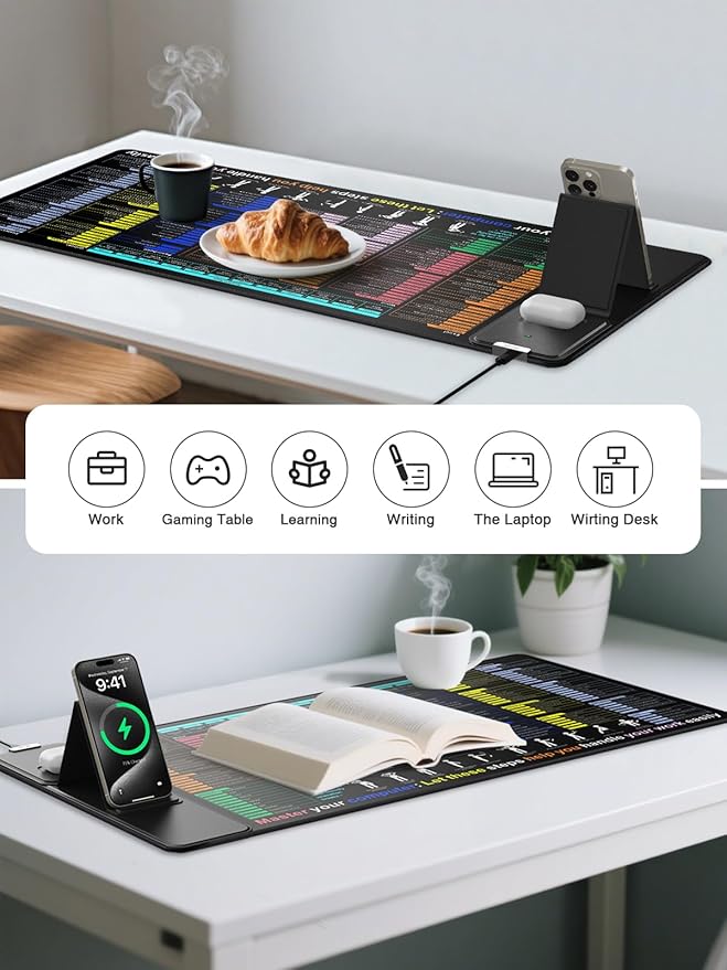 Mouse Pad with Excel Shortcut Keys, Desk Pad with Wireless Charger & Phone Stand, XXL Large Cheat Sheet Mousepad | PC Office Spreadsheet Keyboard Mat | Non-Slip Stitched Edge for Home Office Work