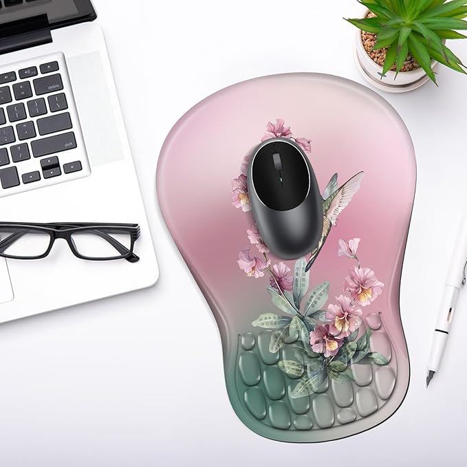 YIWEI Ergonomic Mouse Pad with Wrist Rest Support, Mousepad with Comfortable Memory Foam Wrist Rest and Non-Slip PU Base for Pain Relief, Computer, Laptop, Office, Home (Hummingbird)