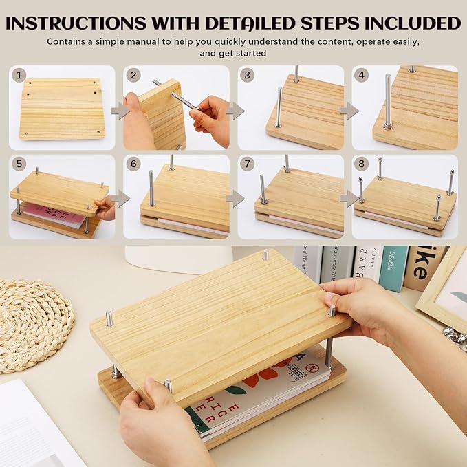 JUPEAN Book Press—7.9”x11.6” Wooden Book Binding Press Bookbinding Kit Portable and Easy Assemble Books Binding Kits for DIY Bookbinding