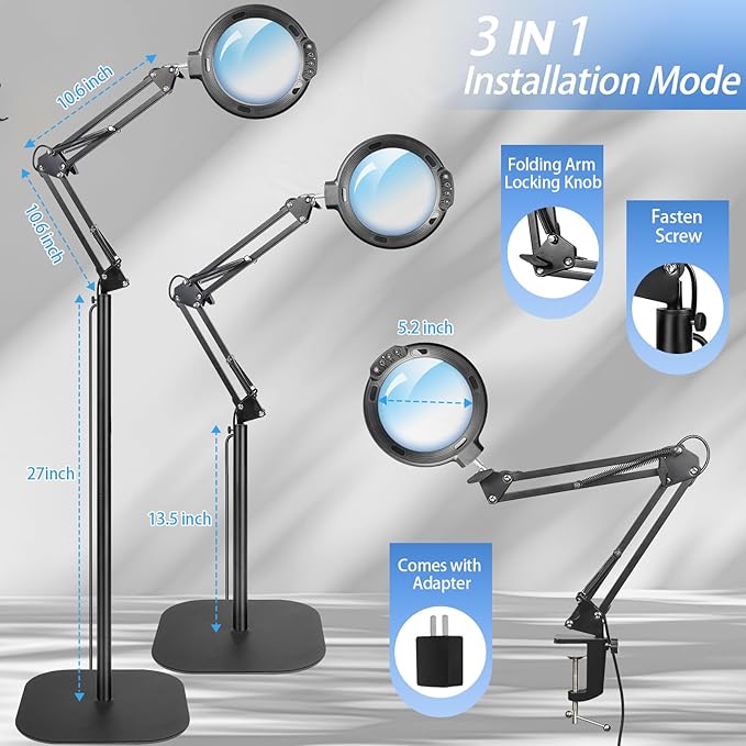 12X Large Magnifying Glass with Light and Floor Stand, 3-in-1 Swing Arm Floor Lamp Magnifier with 5 Color Modes 10 Dimmable Brightness, Hands Free Lighted Magnifying Glass with Clamp for Close Work