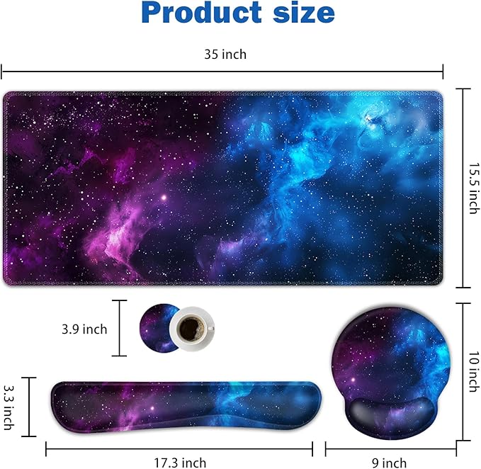 ARTSO Large Mouse Pad and Keyboard Wrist Rest, Ergonomic Mouse Pad with Wrist Support, Non-Slip Desk Mat Protector for Office, Home -Blue Purple Cosmic Nebula