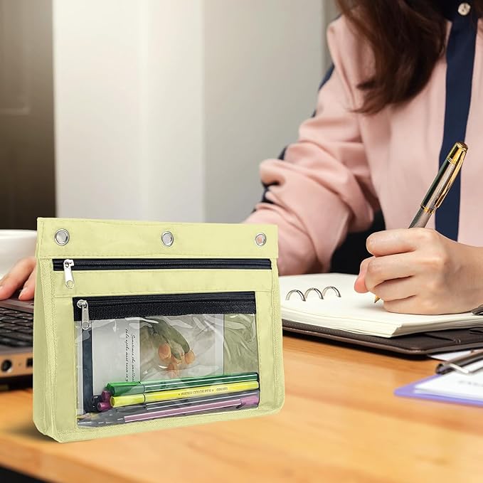 YoeeJob 1 Pack Pencil Pouch for 3 Ring Binder, Expandable Binder Pouches with Zipper, Large Capacity Pen Holder Case with Clear Window School Class Office Organizers, Beige