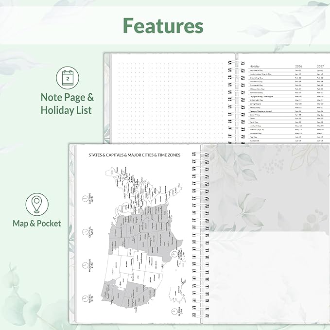 SUNEE 2026 Weekly and Monthly Planner - January 2026-December 2026, 6.4" x 8.3" Half Weekly Half Note, Daily Agenda Planner with PVC Waterproof Cover, Monthly Tab, Note, Pockets, Bookmark, Leaf
