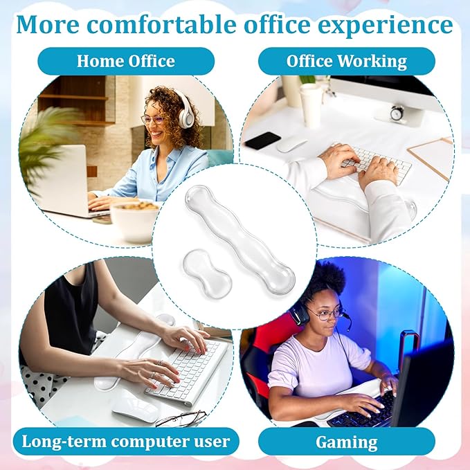 Gel Wrist Rest for Keyboard Clear Anti-Slip Mouse Pad Cute Ergonomic White Silicone Computer Wrist Rest Set for Keyboard Relieve Office Typing or Gaming Wrists Pain