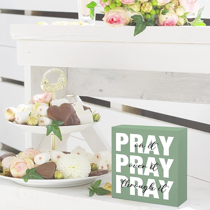 Sage Green Office Desk Accessories Decor Sign Inspirational Green Wooden Box Gift for Women - Pray on It Wooden Plaque for Christian - Bible Verse Wall Art
