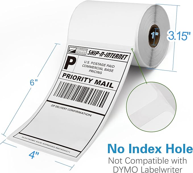 LotFancy 4x6 Thermal Labels, 1000 Shipping Labels, 4 Rolls-250 Labels per Roll, Perforated White Mailing Postage Label for Rollo, Zebra (NOT for DYMO)