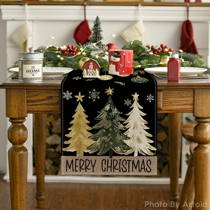 Artoid Mode Black Pine Trees Snowflake Merry Christmas Table Runner, Winter Holiday Kitchen Dining Table Decoration for Home Party Decor 13x72 Inch