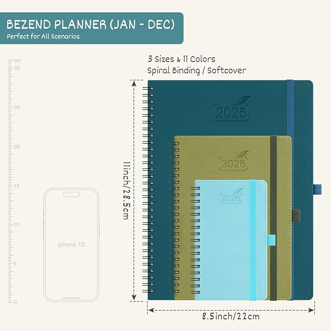 BEZEND 2026 Planner Weekly and Monthly (8.5" x 11" Spiral) Daily Calendar with Half-Hourly Timeslots & Tab (Jan-Dec) Note & Expenses, Pen Holder, Inner Pocket, Vegan Leather Softcover - Blueberry