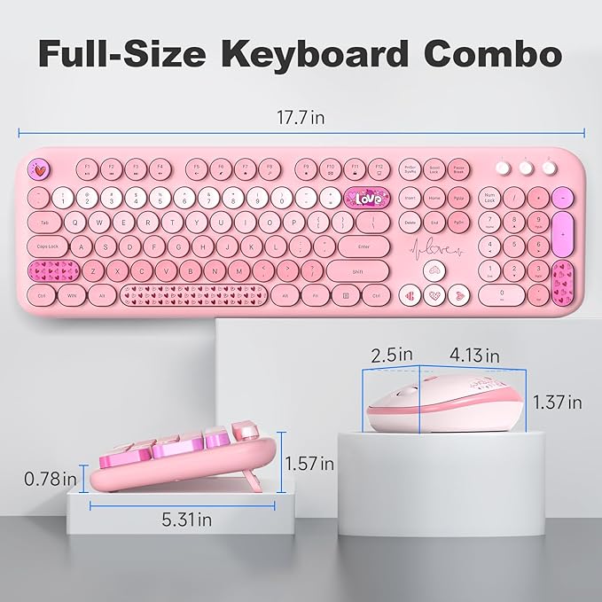 Wireless Keyboard and Mouse, Typewriter Full Size Keyboard with Number Pad and 2 in 1 USB Connected Mouse for Windows 7/8/10, Laptop, Desktop, PC, Computer (Pink Colorful)