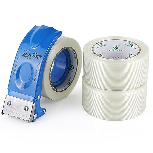 BOMEI PACK Strapping Tape 2Inch with Dispenser, Mono Fiberglass Reinforced Packing Tape with String for Shipping, 3Rolls x 5.5Mil x 35Yds, Total 105Yds