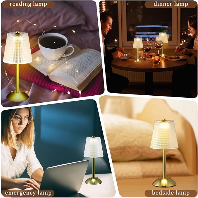 Liliful 2 Pcs LED Portable Cordless Table Lamp Touch Battery Operated Rechargeable Gold Desk Lamp 3 Color Dimmable for Bedroom Living Room Dining (Gold,Retro Style)