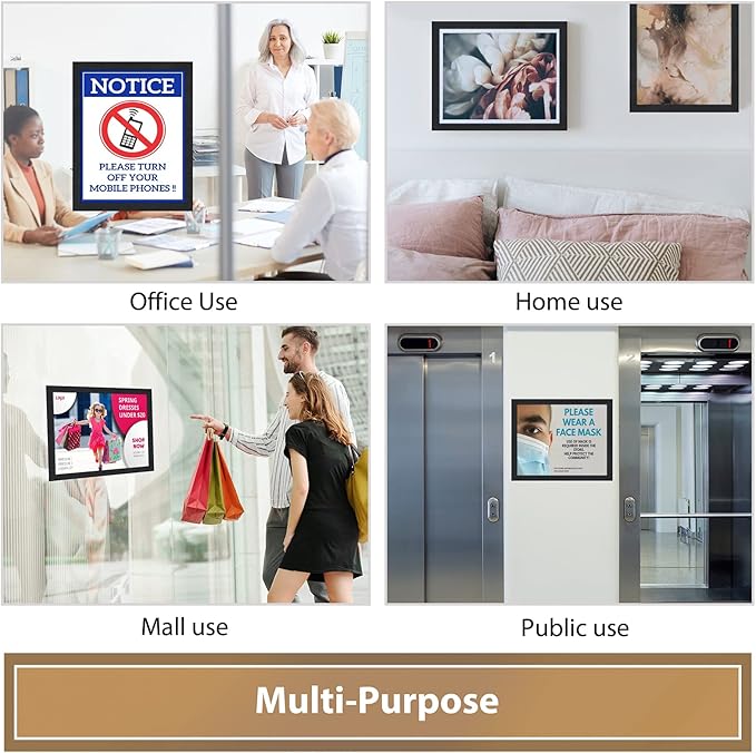 8.5"x11" Magnetic Sign Holder, Double Sided Window Self-Adhesive Frame, Transparent PVC and Strong Magnetic Display Frame for Home/Office/Poster/Certificate/Child Artwork Display (Black,6Pack)