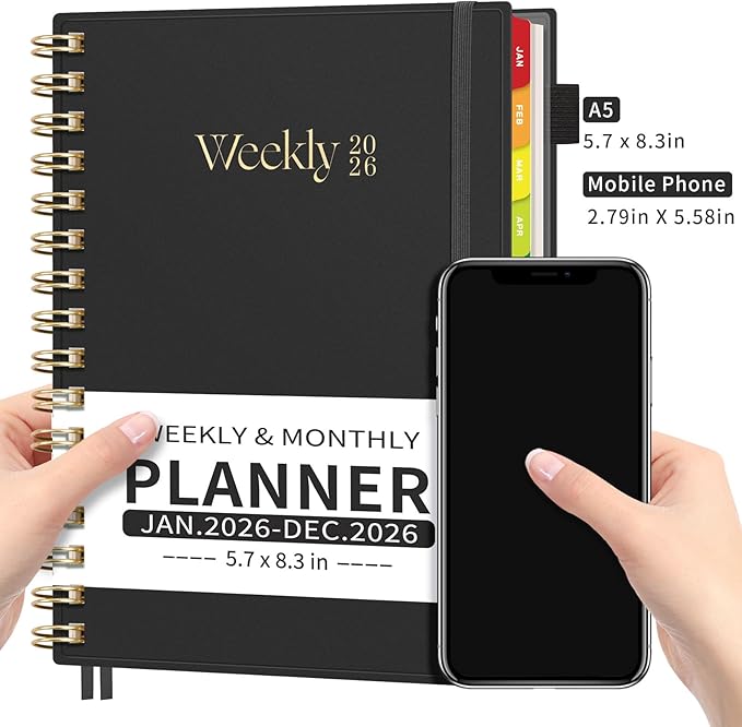 EMSHOI 2026 Planner - Weekly and Monthly Calendar (Jan-Dec), A5 (5.7"x8.3") Hardcover, 100GSM Thick Paper, PVC Cover, Inner Pocket, Colorful Tabs, Note Pages for Work School Home, Black
