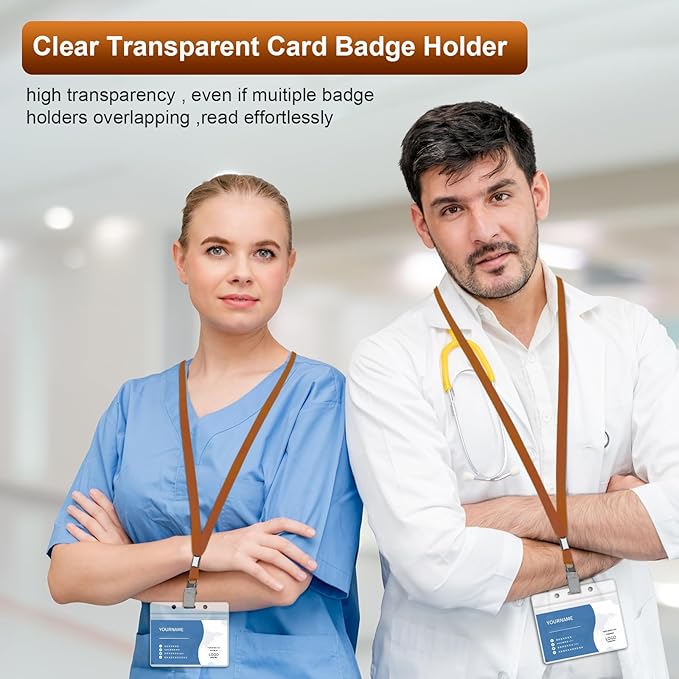 100 Pcs Lanyards for ID Badges and 100 Pcs Clear Name Tag Holders Reusable Lanyard with Clip Plastic ID Card Badge Holder Name Badges for Adults Kids Business School Office Supplies (Brown)