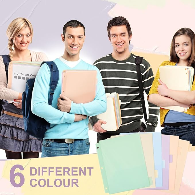 Honoson 60 Pcs Plastic Folders with Clear Front Pocket 3 Hole Punched Folders for 3 Ring Binder 1/6 Cut Tabs for Office Classroom (Macaron Colors)