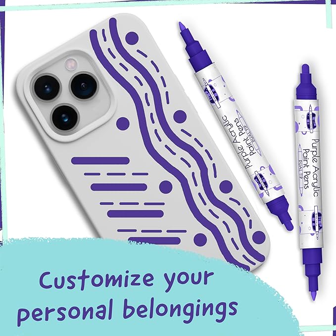 4 Dual Tip Purple Paint Pen Metallic - Fine Tip & Medium Acrylic Paint Markers - Purple Acrylic Markers for Metal, Wood, Rock Painting, Canvas, Ceramic, Glass, Fabric, Plastic - Water based Ink