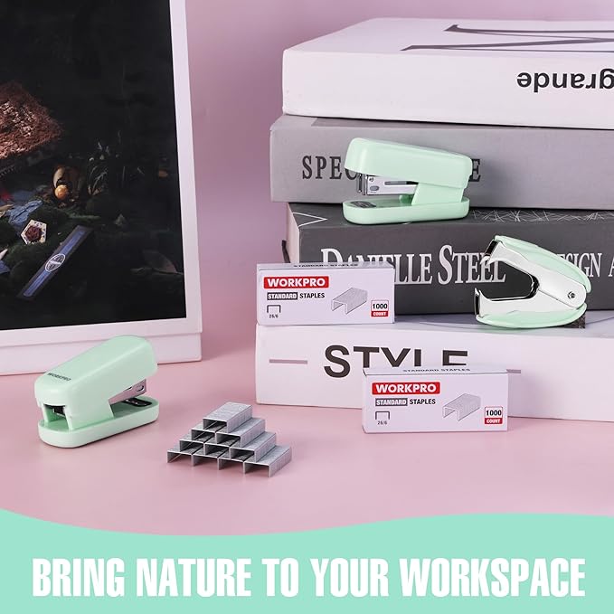 WORKPRO Small Stapler with Staples, Green Stapler Set Includes Two Mini Staplers, One Staple Remover, 2000 Standard Staples - Cute Staplers for Desk with Non-Slip Base, Lock Design, Portable