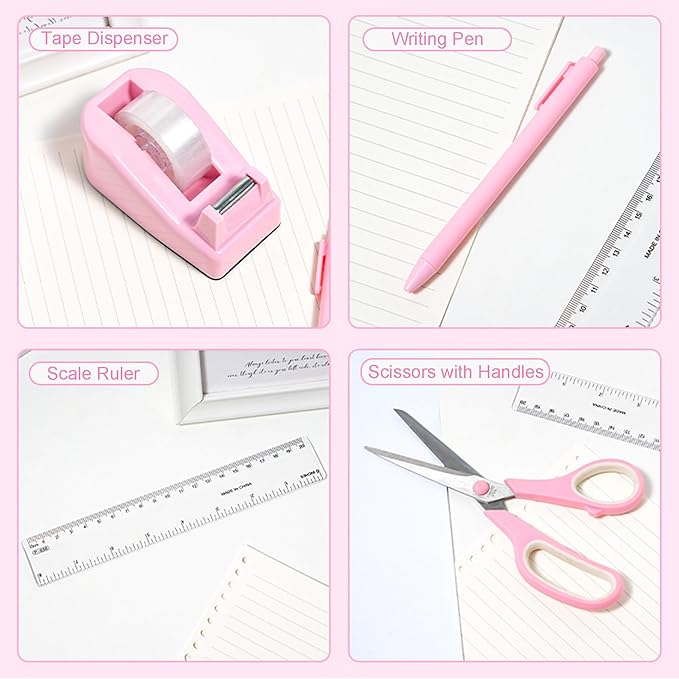 Pink Desk Accessories with Pen Holder, Pink Office Supplies Desk Organizers and Accessories for women, Tape Dispenser, Stapler, Staple Remover, Staples, Clips Set, Ruler, Scissor, Pen, Tape