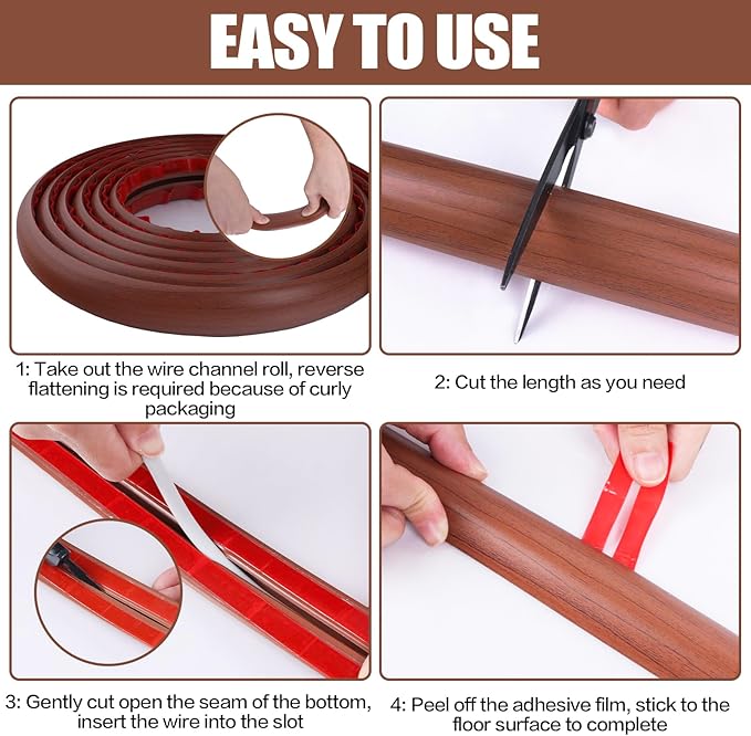 Floor Cord Cover Cavity 0.8"x0.37" Self Adhesive Cord Hider, 3.3FT Low Profile Cable Management, Extension Strip Protector for Wires, Prevent Cable Trips for Offices, Gyms, Exhibitions (Red Teak)