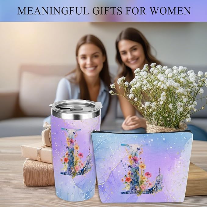 Personalized Gifts Monogrammed Birthday Gifts for Women, Mama New Mom Thanksgiving Wedding Christmas Initial 20 oz Tumbler, Makeup Bag Cup Pens Journal Notebook 6 Set, (Aesthetic Purple Flower L)