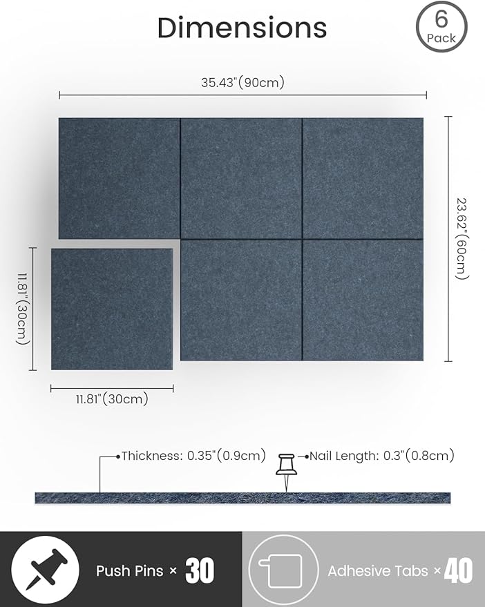 Bumusty Large Cork Board 36"x24" Alternative - 6 Pack Felt Wall Tiles with 40 Safe Removable Adhesive Tabs, 30 Pushpins, Cork Boards for Walls Pin Board Bulletin Board Office Decor (Denim Blue)