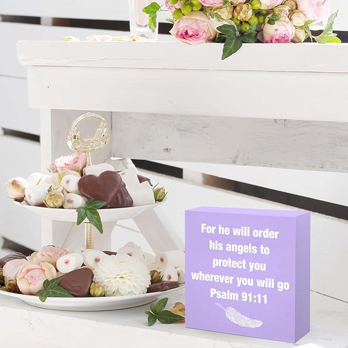 Purple Psalm 91:11 Office Decor Desk Accessories Inspirational Gifts for Women Bible Verse Gifts Purple Christian Office Decor Sign Desk Decorations for Women Home & Office Cute Desk Accessories
