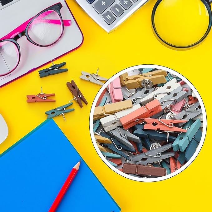 200 Pcs Push Pin with Wooden Clips Tacks Boho Classroom Decor for Cork Board Bulletin Board Colorful Thumb Tacks Wooden Clips for Teachers School Office Home Supplies Accessories