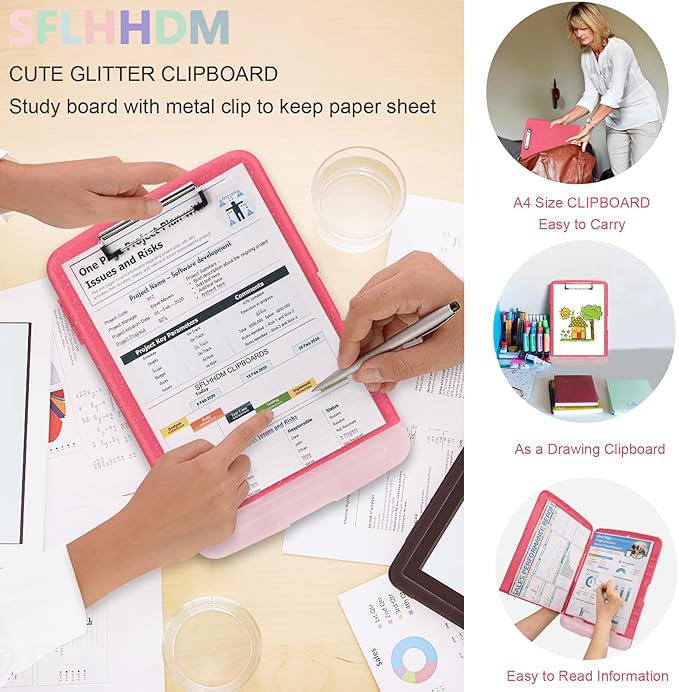 Glitter Clipboard with Storage,Storage Clipboard with Pen Holder,A4 Binder Clip Boards 8.5x11 with Low Profile Clip,Side Opening Sparkle Clipboards,Clipboards Folder for Office Supplies-Rose Red