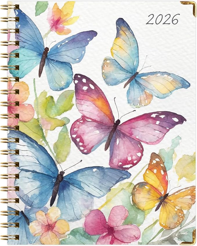 HARDCOVER 2026 Planner, 7"x9": 14 Months (November 2025 - December 2026), Daily Weekly Monthly Planner, Yearly Agenda, Bookmark, Pocket Folder and Sticky Note Set (Watercolor Butterflies)