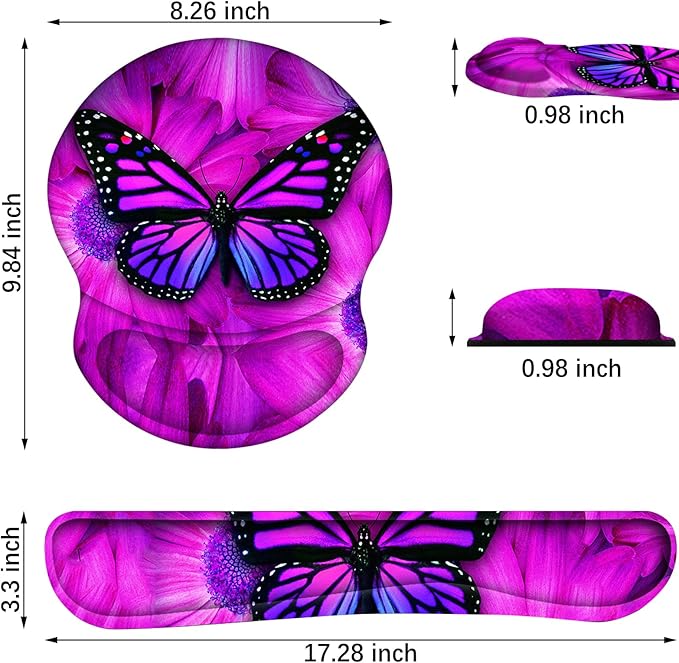 ARTSO Ergonomic Mouse Pad with Wrist Rest, Comfortable Keyboard Wrist Rest, Memory Foam Mousepad for Computer Keyboard, Mouse Pad Set for Easy Typing, Pain Relief, Purple Butterfly