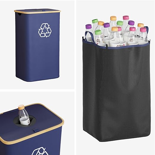 SpaceAid Recycling Bin for Kitchen 26 Gallon, 100L Recycle Bin with Lid and 2 Reusable Inner Bags, for Bottle Can Glass Plastic Stickers, Blue