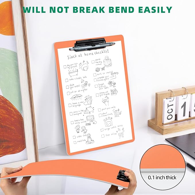 Clipboard with Pen Holder, Plastic Clipboard with Low Profile Metal Clip, Hanging Clipboards Holds 8.5x11 Inch Papers, Standard A4 Letter Size Clip Board for Office & School, Orange