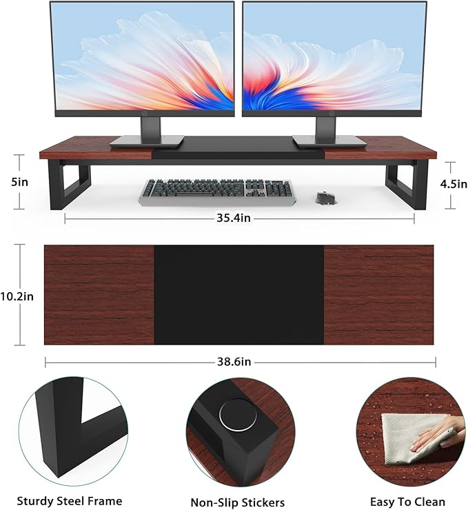 Dual Monitor Stand Riser, 39Inch Large Monitor Stands for 2 Monitors, Computer Monitor Stand, Wooden Desktop Oraganizer Shelf for Office Desk Computer,Laptop,TV