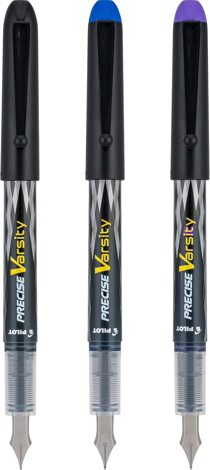 PILOT Precise Varsity Pre-Filled Fountain Pens, Medium Point Stainless Steel Nib, Black/Blue/Purple Inks, 3-Pack (90022)