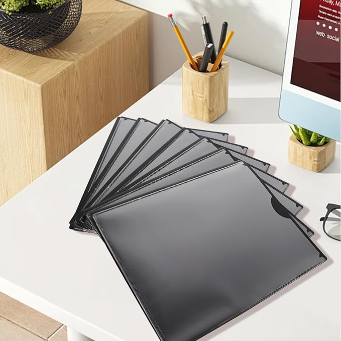 Pastel Plastic File Folders with Pockets and Prongs, 7 Pack, A4 Letter Size, Heavy Duty Waterproof Office Folders with Clear Front Cover for School, Home, and Office (Black)