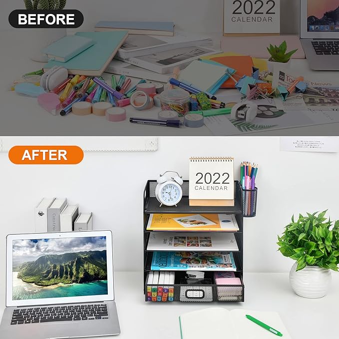 Lavatino 5 Tier Paper Organizer for Desk, Letter Tray with Drawer and 2 Pen Holders, Mesh File Sorter, Desktop Document Shelf Storage Organization Office School Home Black With Drawer