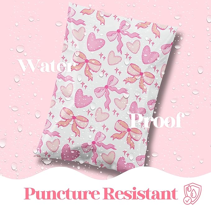 6x9 Designer Poly Mailer 100 Pack Heavy Duty Waterproof Self Seal Shipping Bags for Small Business Large Mailing Envelopes Bulk Tear Resistant Packaging Coquette Bows Hearts