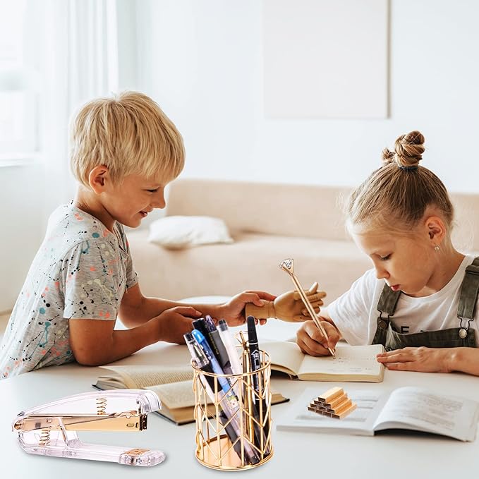 Gold Desk Organizers and Accessories Office Supplies Set Stapler, Pen Holder, Phone Holder, Scissors, Pen, Ruler, 30 Paper Clips, 22 Binder Clip, 20 Tacks and 1000pcs Staples (Gold)