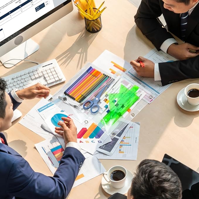 Lincia 48 Pack Clear Pencil Pouch for 3 Ring Binder Pencil Case with Metal Zipper 3 Ring Binder Pocket Inserts Bag 10 x 7'' Visible Cash Envelope with Re-enforced Grommet for College Office Supplies