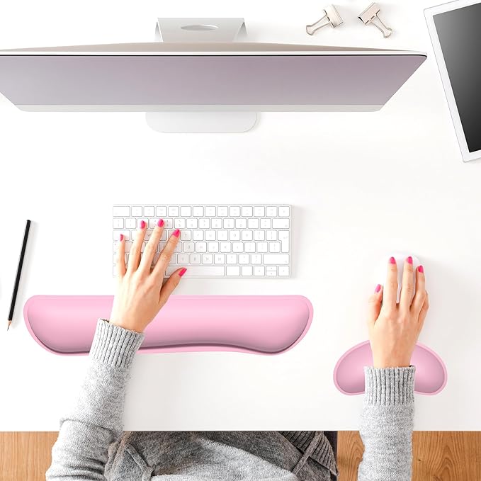 Dapesuom Keyboard Wrist Rest Set, Cute PU Leather Wrist Cushion for Computer Keyboard and Mousepad, Memory Foam Mouse Pad Rests Support with Non-Slip Base for Typing Pain Relief, Laptop, Rose Pink