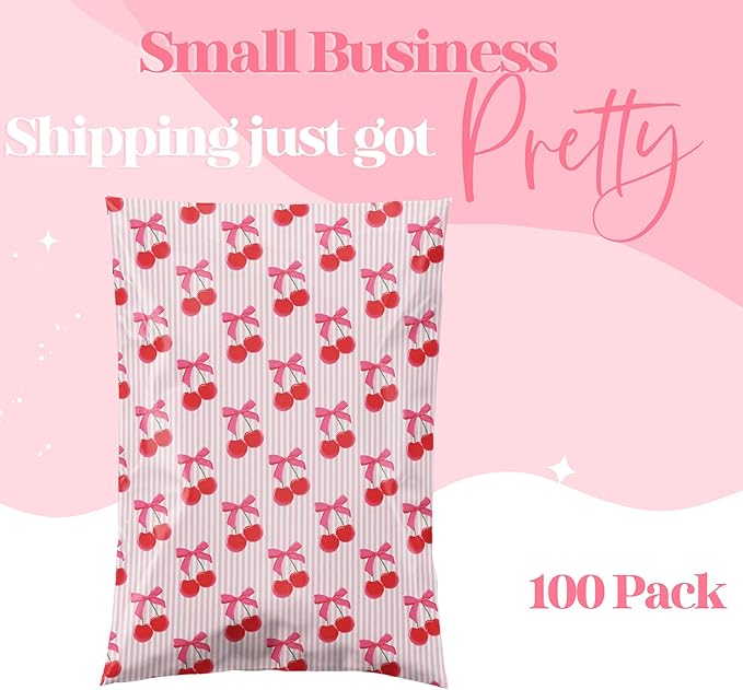 10x13 Designer Poly Mailer 100 Pack Heavy Duty Waterproof Self Seal Shipping Bags for Small Business Large Mailing Envelopes Bulk Tear Resistant Packaging Pink Stripe Cherry Fruit