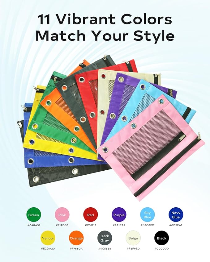 Pencil Pouch for 3 Ring Binder - Small Zipper Pen Case, Black Pencil Pouches for Boys Kids, School Supplies, 3 Hole Nylon Pencil Bag Accessories Clear Window Aesthetic Organizer