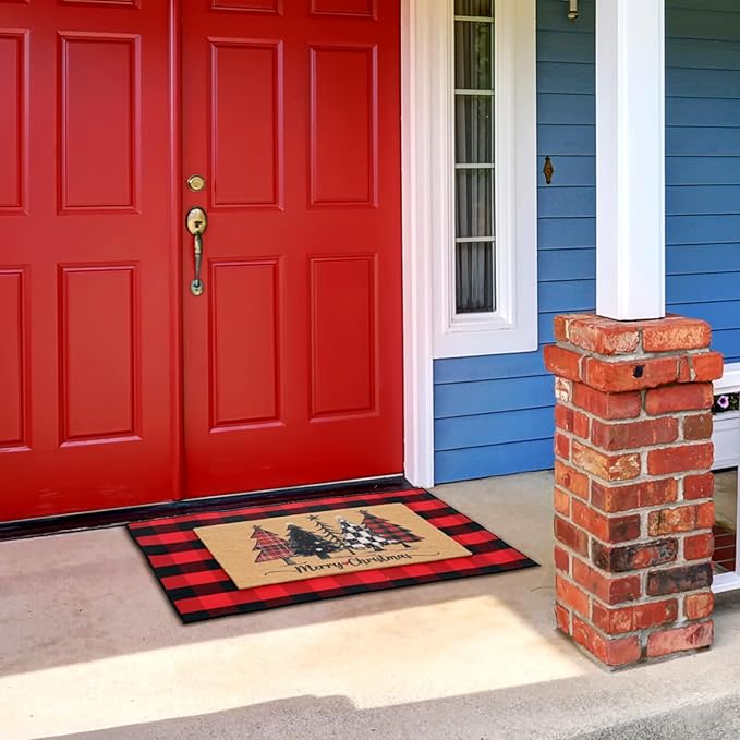2 Pcs Christmas Front Porch Rug Buffalo Plaid Christmas Front Door Mats Imitation Coco Coir Xmas Welcome Layering Rugs for Outdoor Home Winter Festival Holiday Farmhouse Decor, 36 x 60 Inch