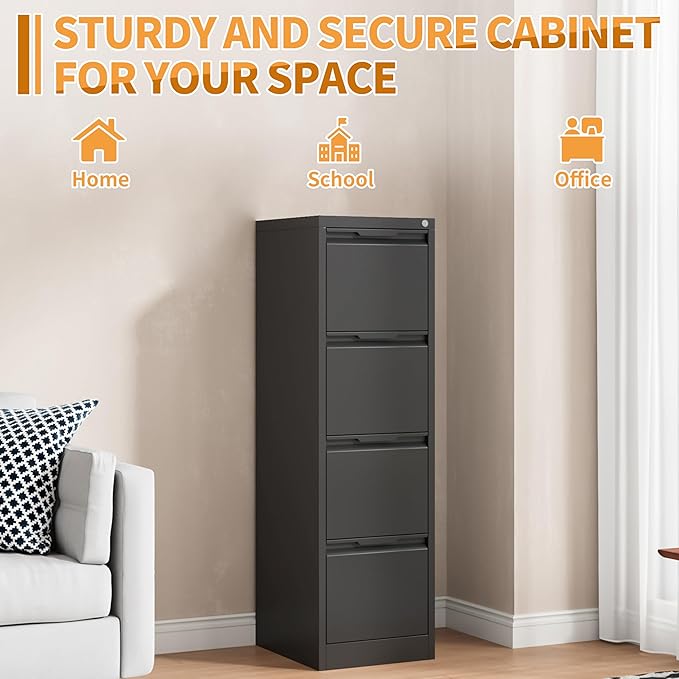 4-Drawer Metal File Cabinet with Lock,Steel Printer Stand with Storage for Home Office,Vertical Filing Cabinet for Legal/Letter/A4 Files,Assembly Required(15''W-4 Drawers,Black)