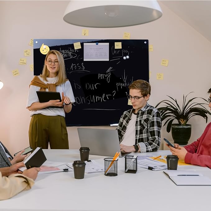 Magnetic Glass Whiteboard 48" x 36" Dry Erase Board Frameless Premium Tempered Galssboards Wall Mounted Glossy writeboard with Eraser, Marker Tray for Interactive Office, (Black)