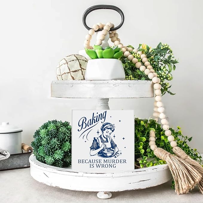 Baking Gifts for Women Bakers, Baking Because Murder is Wrong Humorous Wooden Sign Home Kitchen Decor