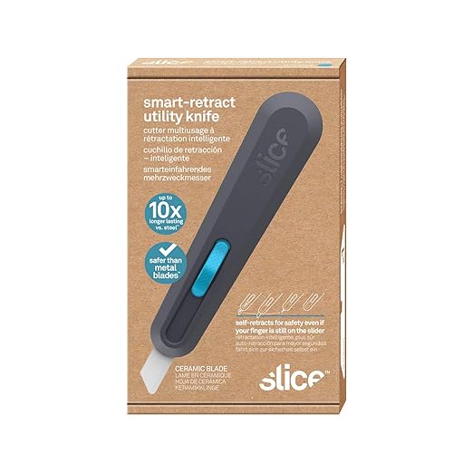 Slice Smart-Retract Utility Knife | Blade Automatically Retracts as Cutting Motion Finishes | Heavy Duty Box Cutter | Safe Ceramic Blade Lasting 11x Longer than Metal | 1 Pack