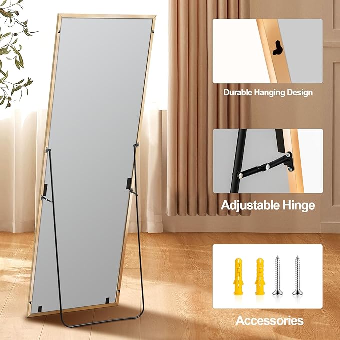 Arched Full Length Mirror, 57" x 20" Floor Mirror with Stand – Shatterproof Tempered Glass, Modern Aluminum Frame, Multi-Mount for Bedroom, Living Room, Gym, Gold
