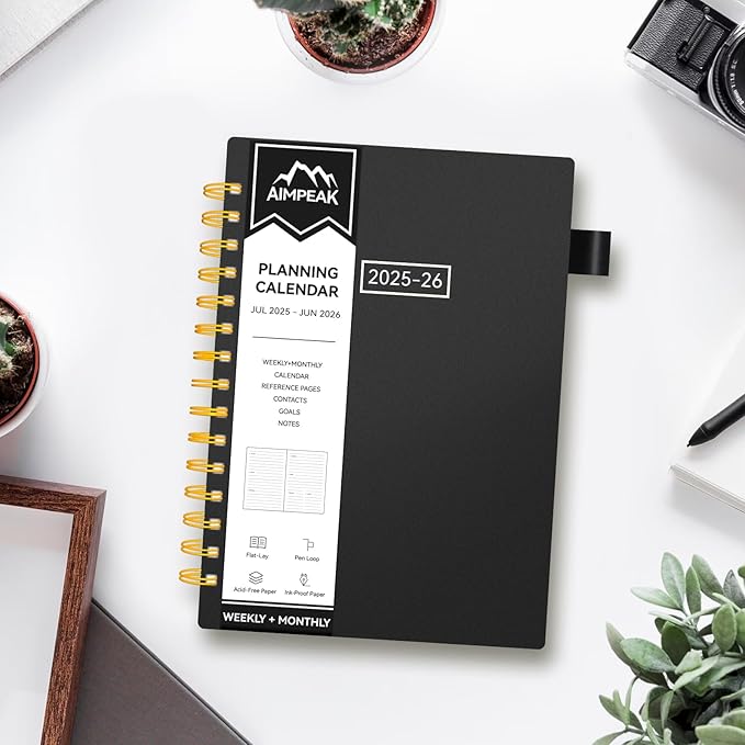 Planner 2025-2026, Weekly and Monthly Planners for Teacher & Student, Jul.2025 - Jun.2026, AIMPEAK Daily Calendar Planner with Monthly Tabs, Pocket, Pen Loop, Flexible Waterproof Cover, Black, 5.5" x 8.5"