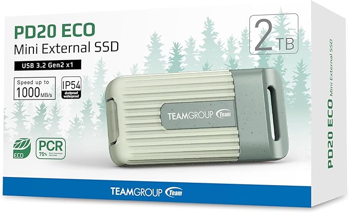 TEAMGROUP PD20 ECO 2TB Portable External Solid State Drive SSD Read up to 1000MB/s USB 3.2 Gen2x1 Type-C Waterproof Dustproof IP54 TPSEG4002T0C102